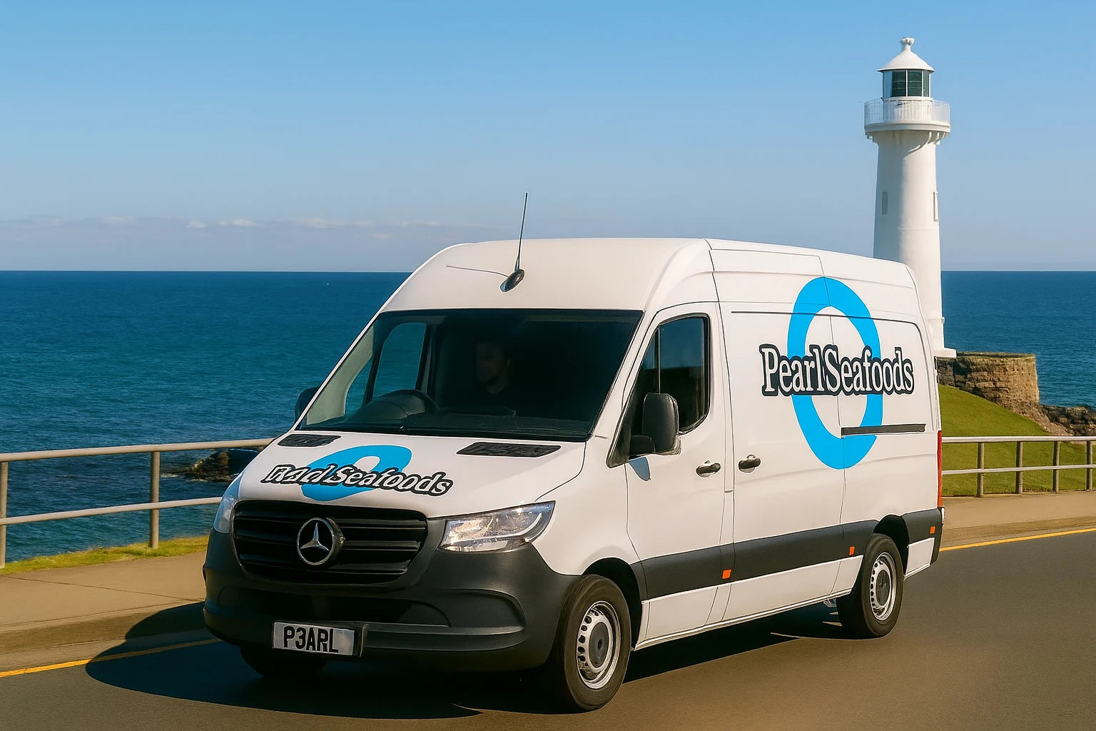 White van with 'Pearl Seafoods' logo on a road near a lighthouse and ocean.