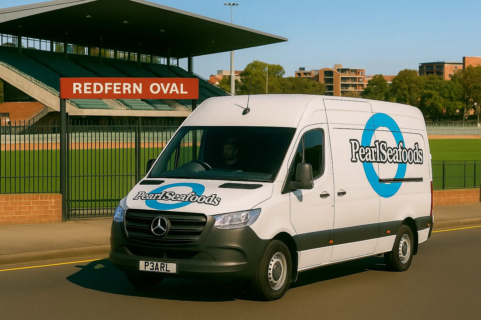 Pearl Seafoods van parked in front of Redfern Oval.