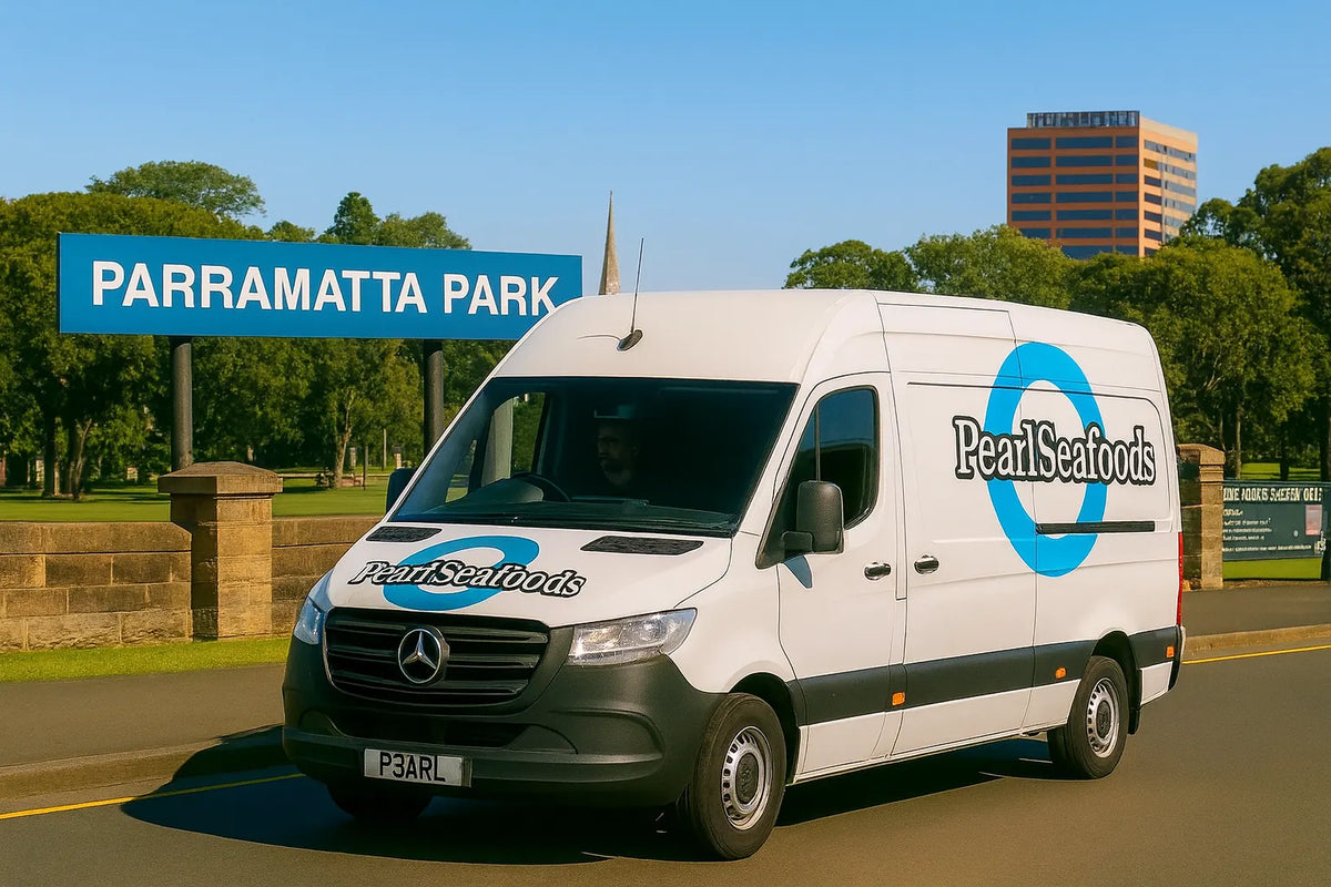 White van with Pearl Seafoods logo on a road near Parramatta Park
