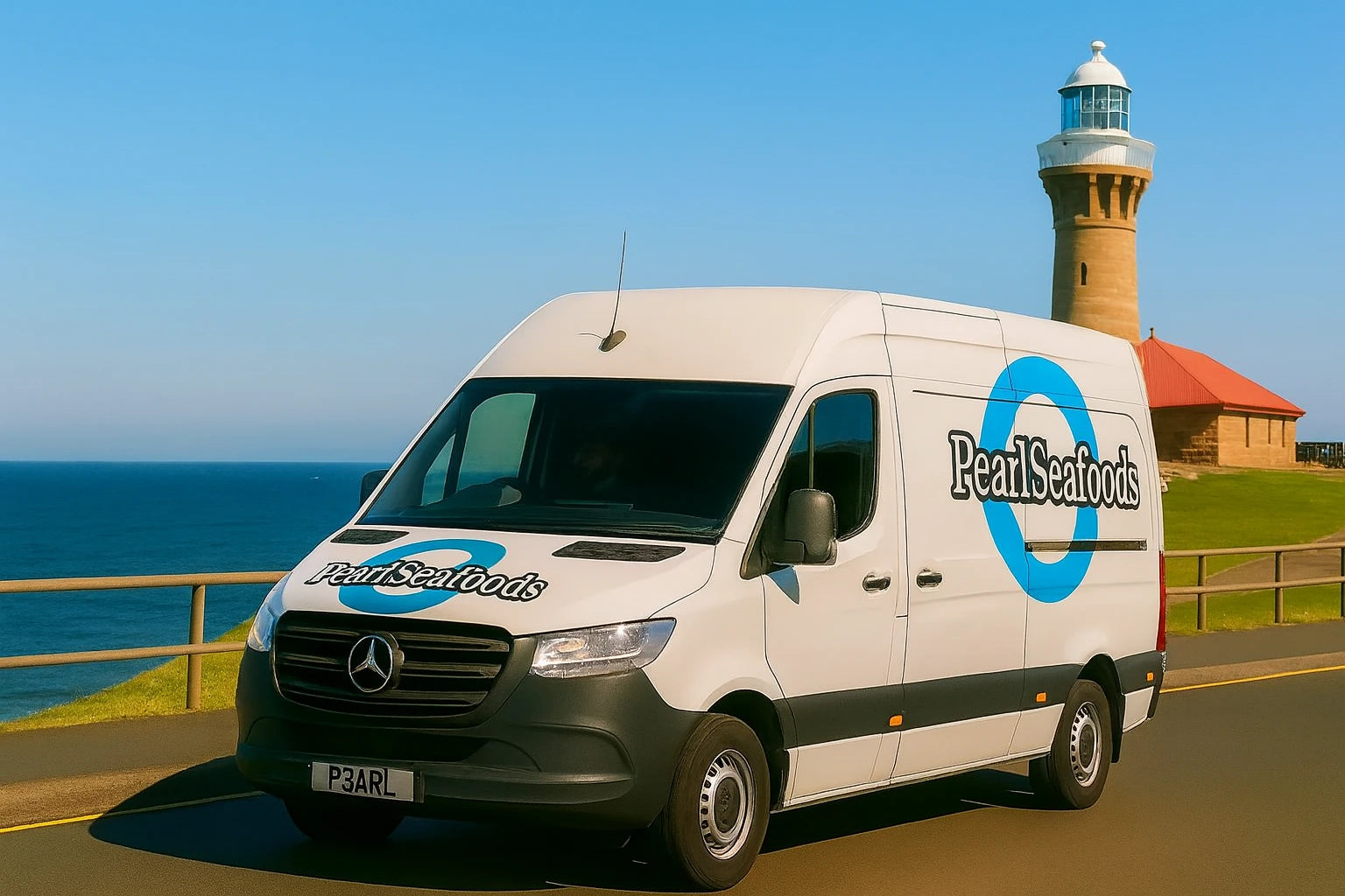 White van with Pearl Seafoods logo parked near a lighthouse by the sea.
