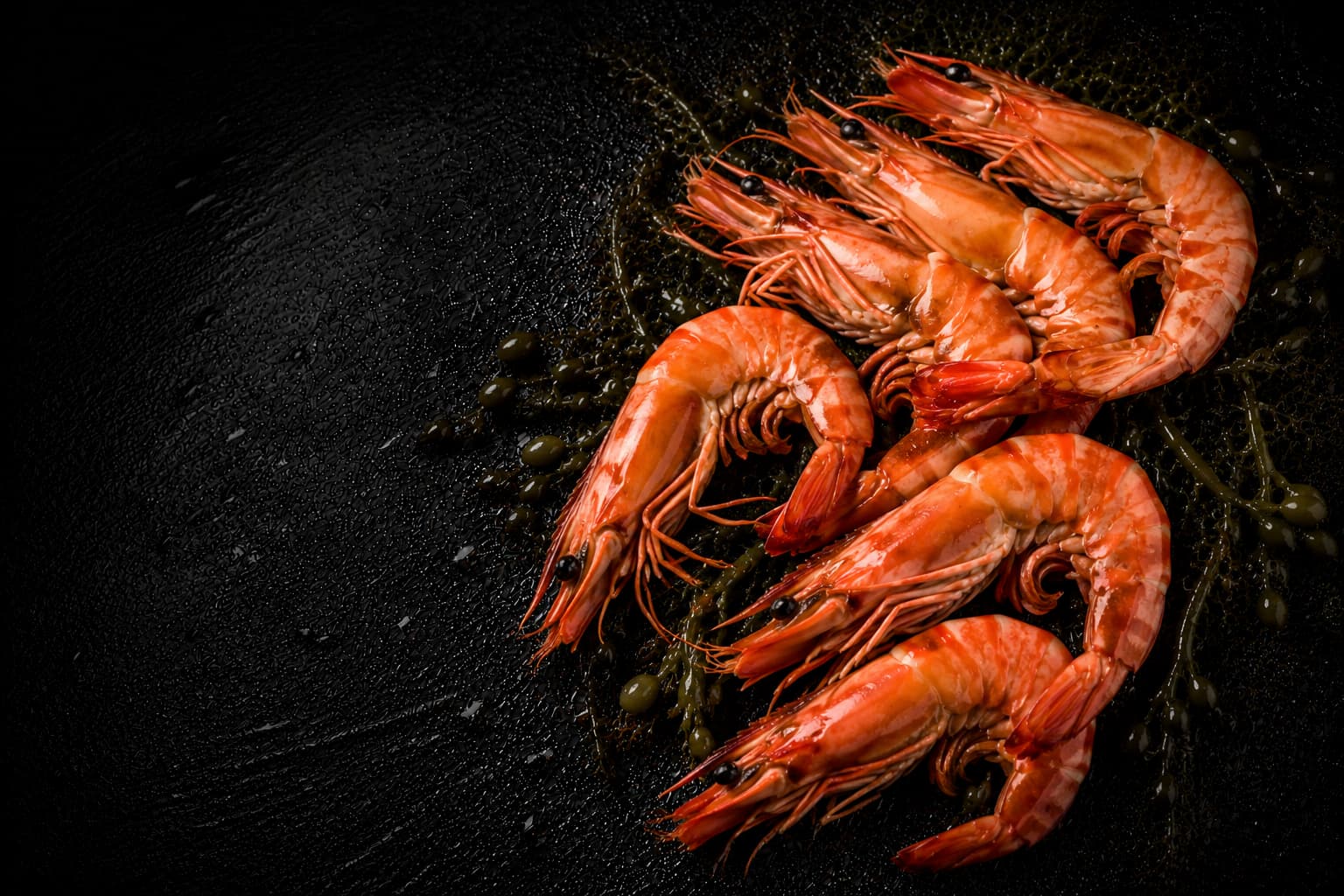 Raw prawns on a dark surface with a black background