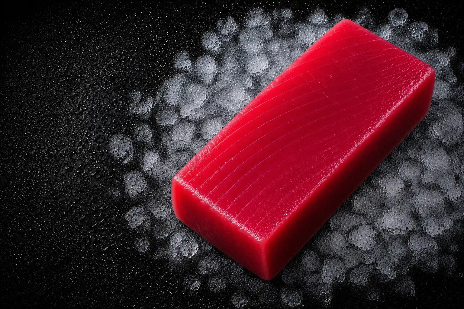 Block of red fish fillet on a black and gray textured background