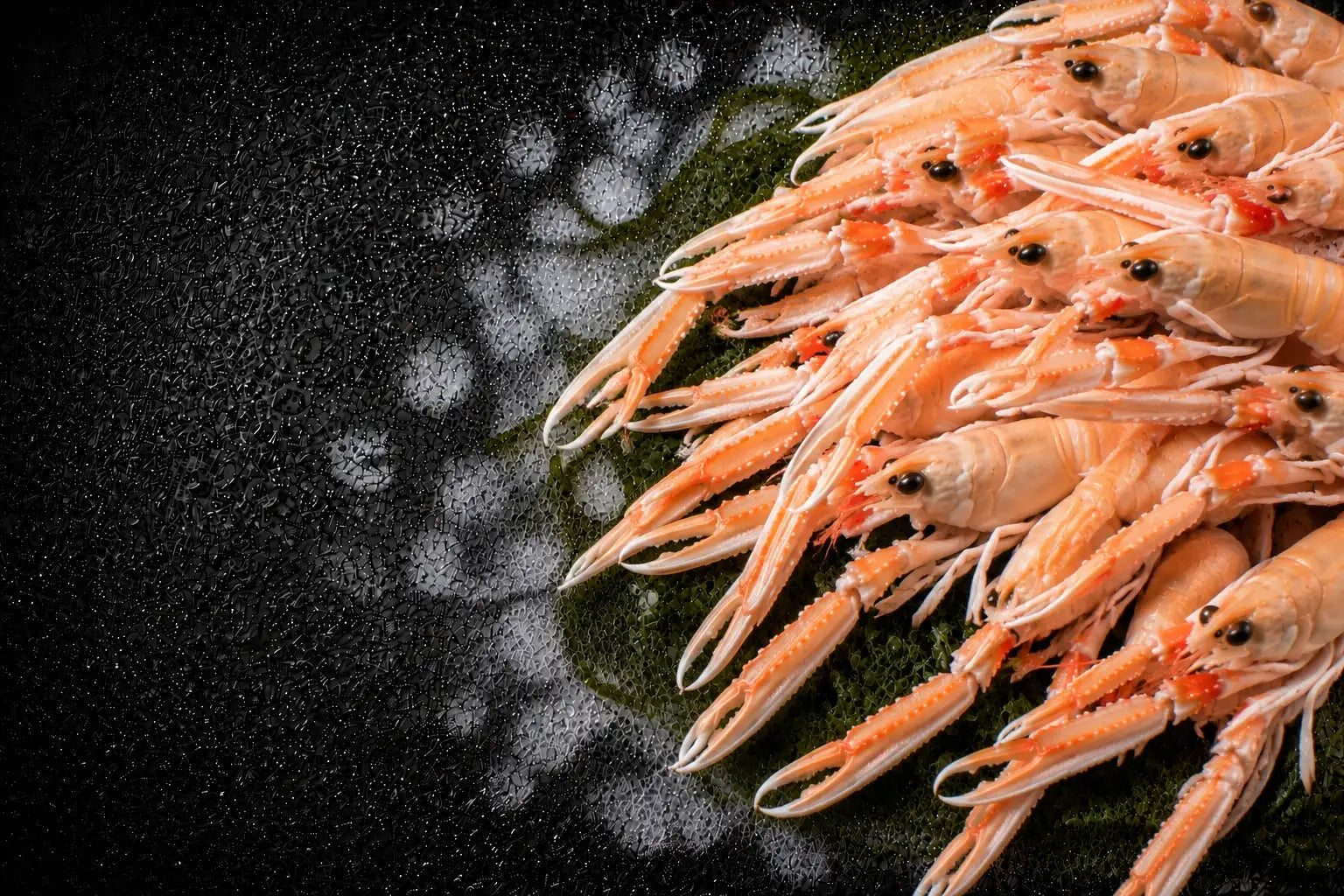 Raw prawns on a dark surface with a blurred background
