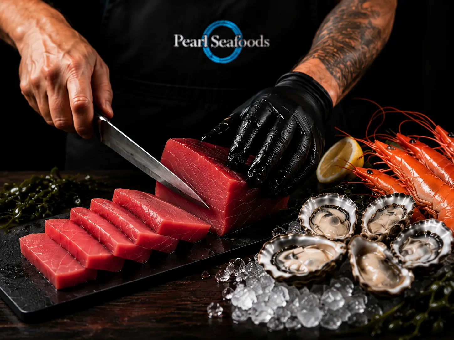 Pearl Seafoods chef preparing fresh Australian tuna, prawns and oysters