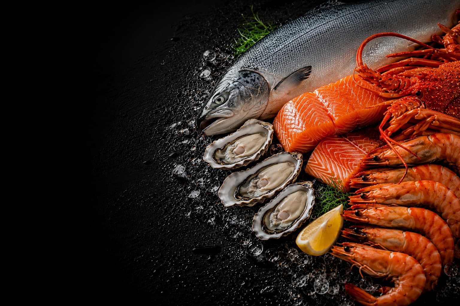 Assorted seafood including salmon, oysters, and prawns on a dark surface.