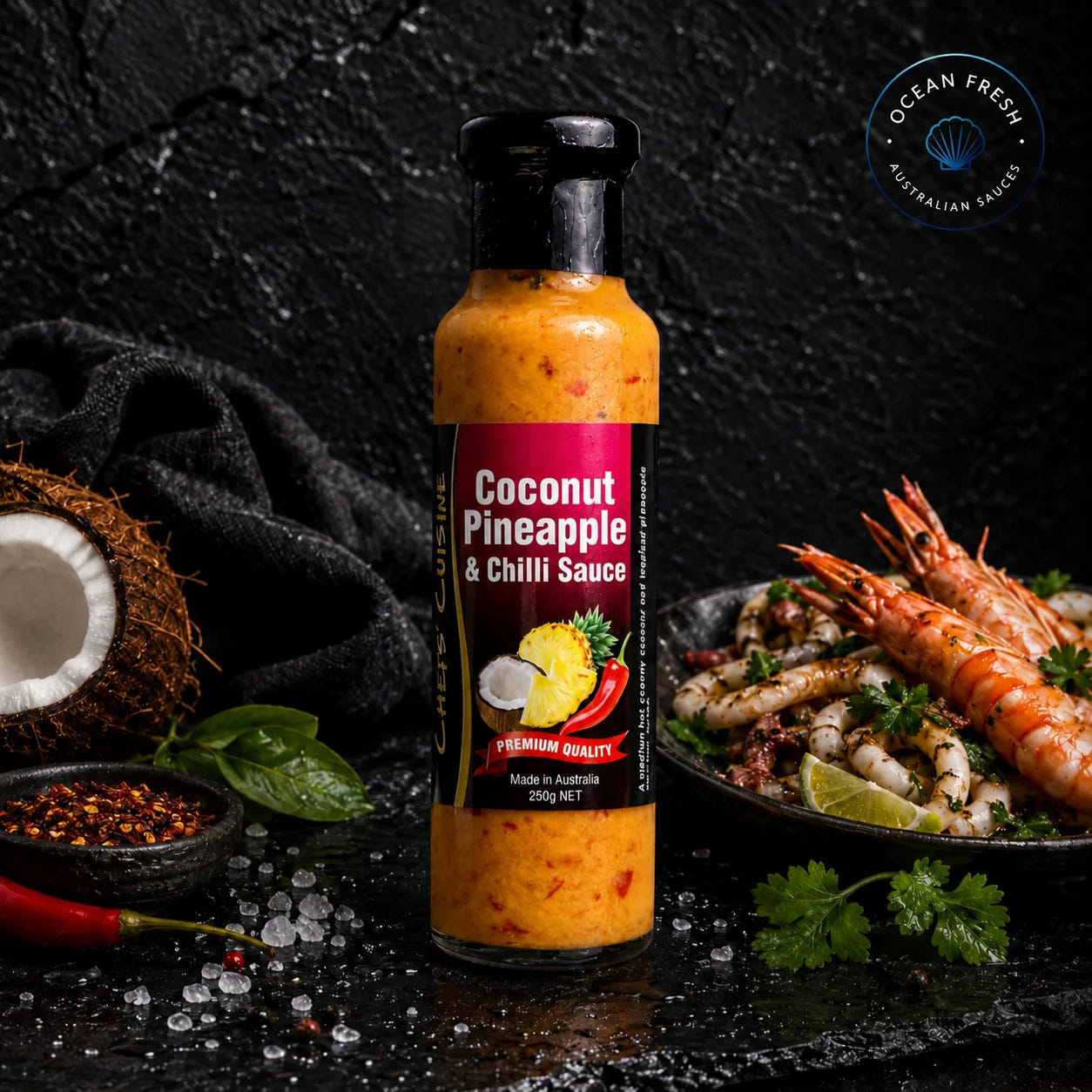 Bottle of Coconut, Pineapple & Chilli Sauce presented on dark stone beside prepared seafood