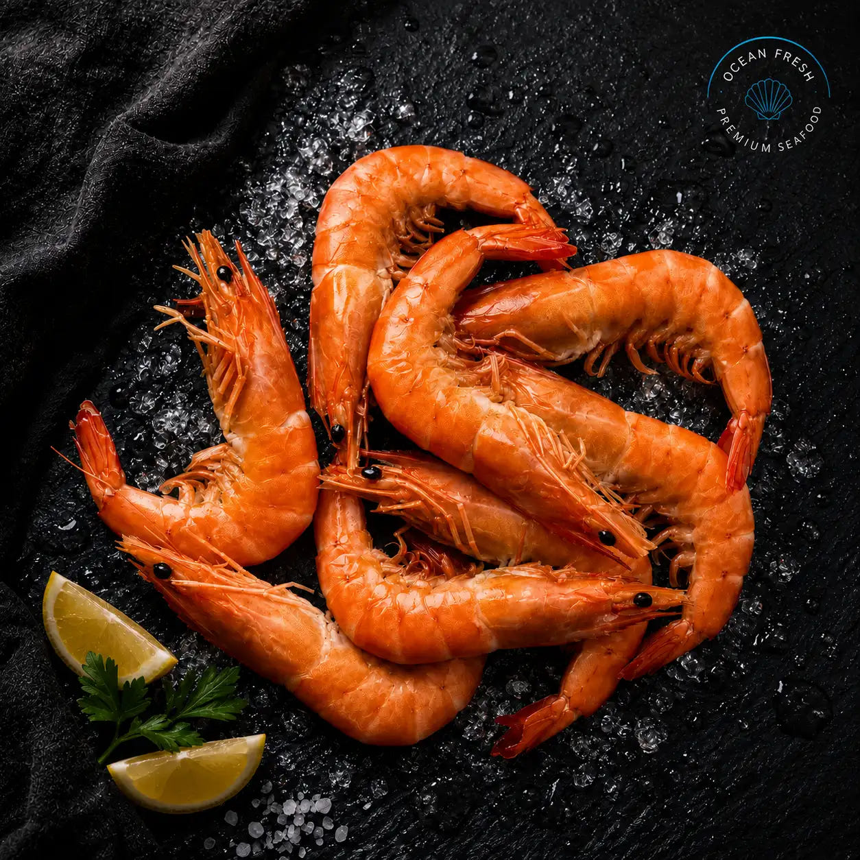 Frozen cooked vannamei prawns arranged on black slate with crushed ice and lemon