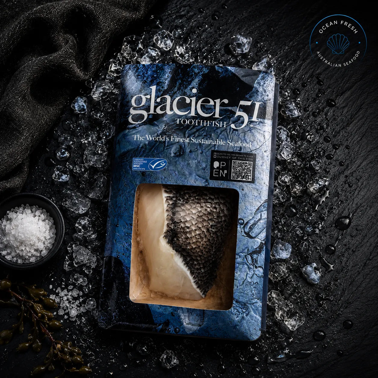 Packaged frozen toothfish portions displayed on crushed ice