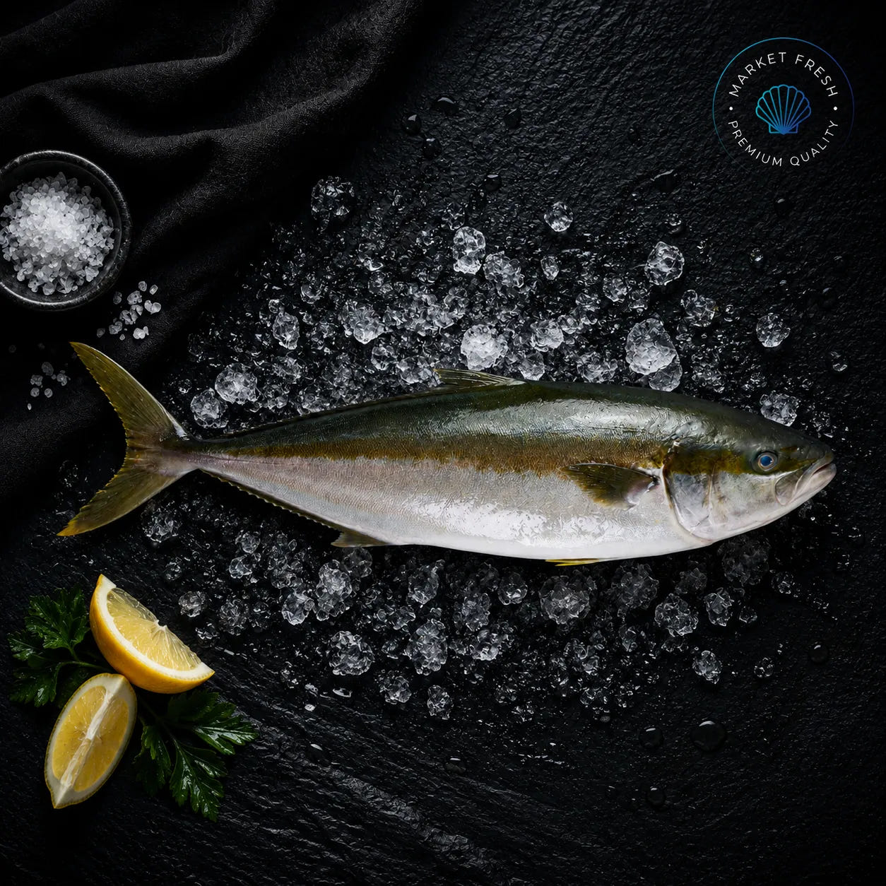 Fresh whole hiramasa kingfish displayed whole on crushed ice with lemon