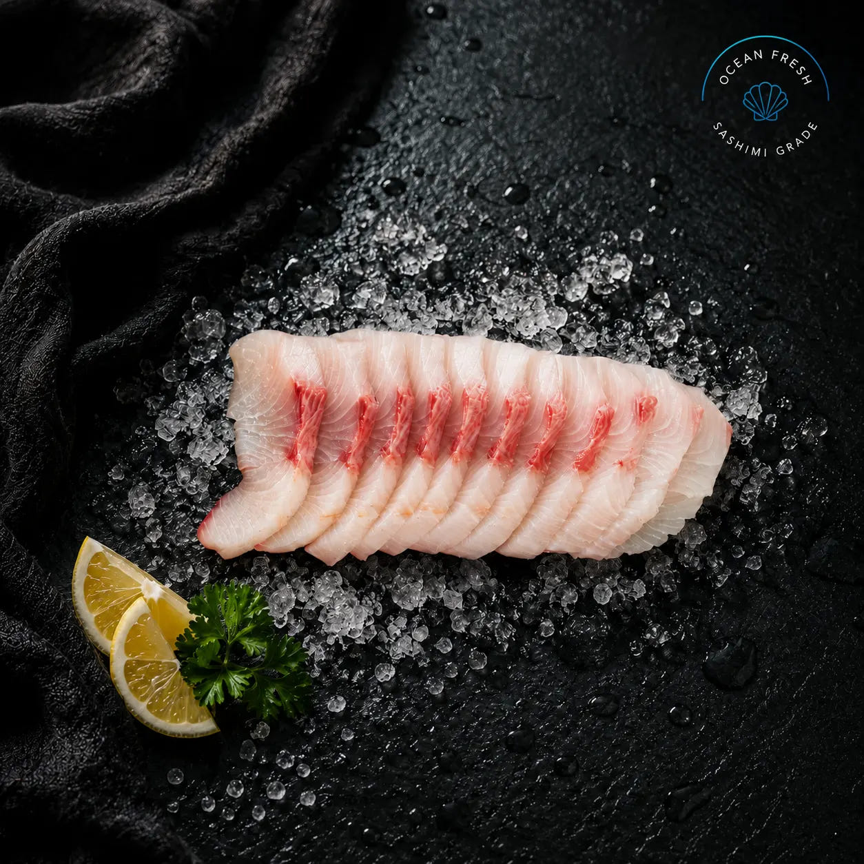 Fresh Hiramasa kingfish sashimi slices arranged on black slate with lemon
