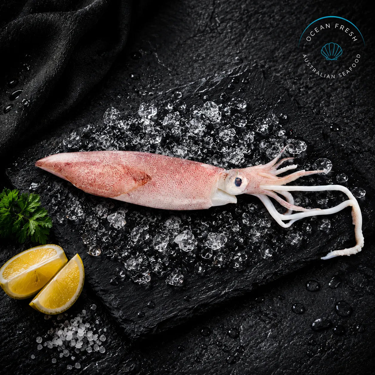 Whole cleaned frozen Loligo squid displayed on black slate with lemon
