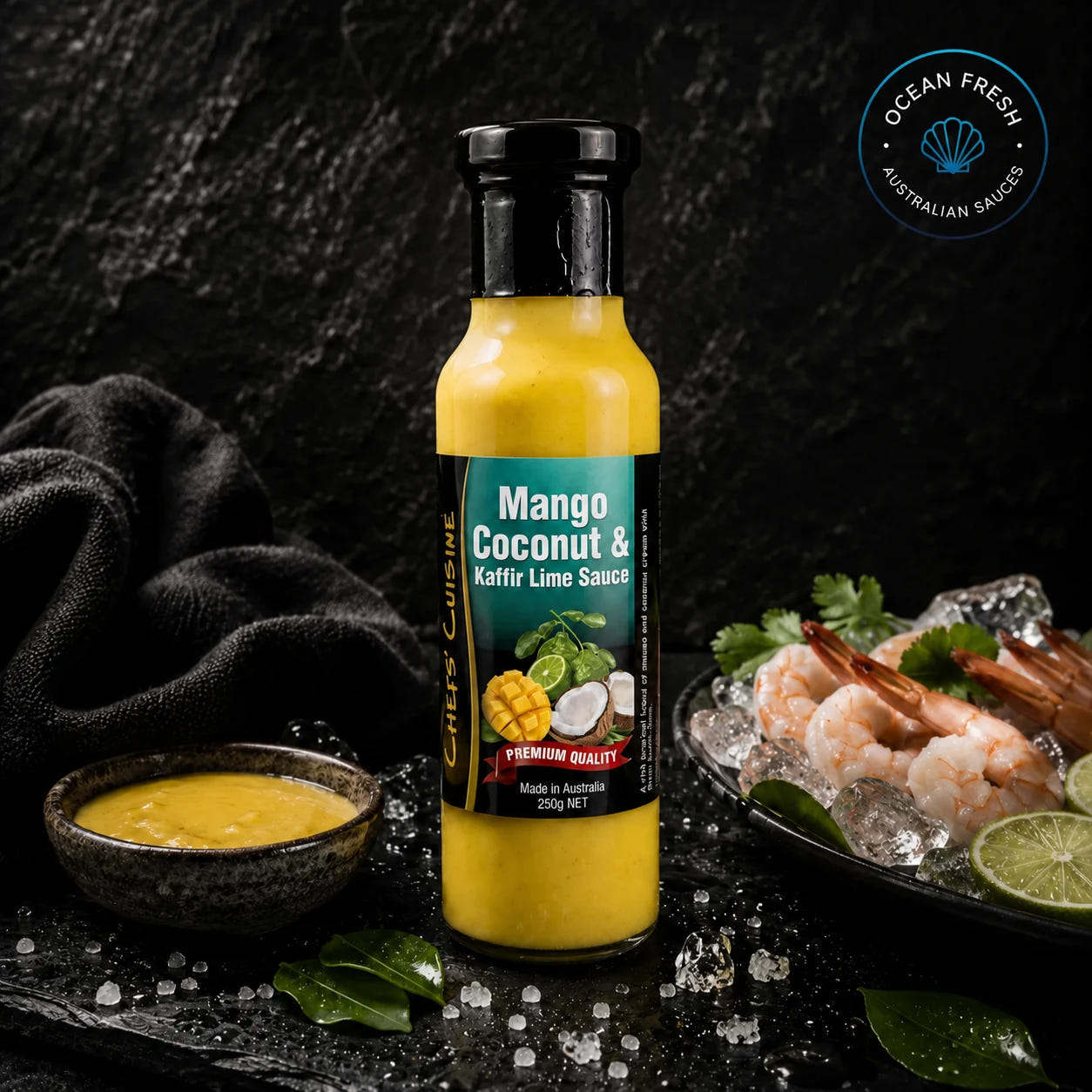 Bottle of Mango, Coconut & Kaffir Lime Sauce presented on dark stone beside prepared seafood