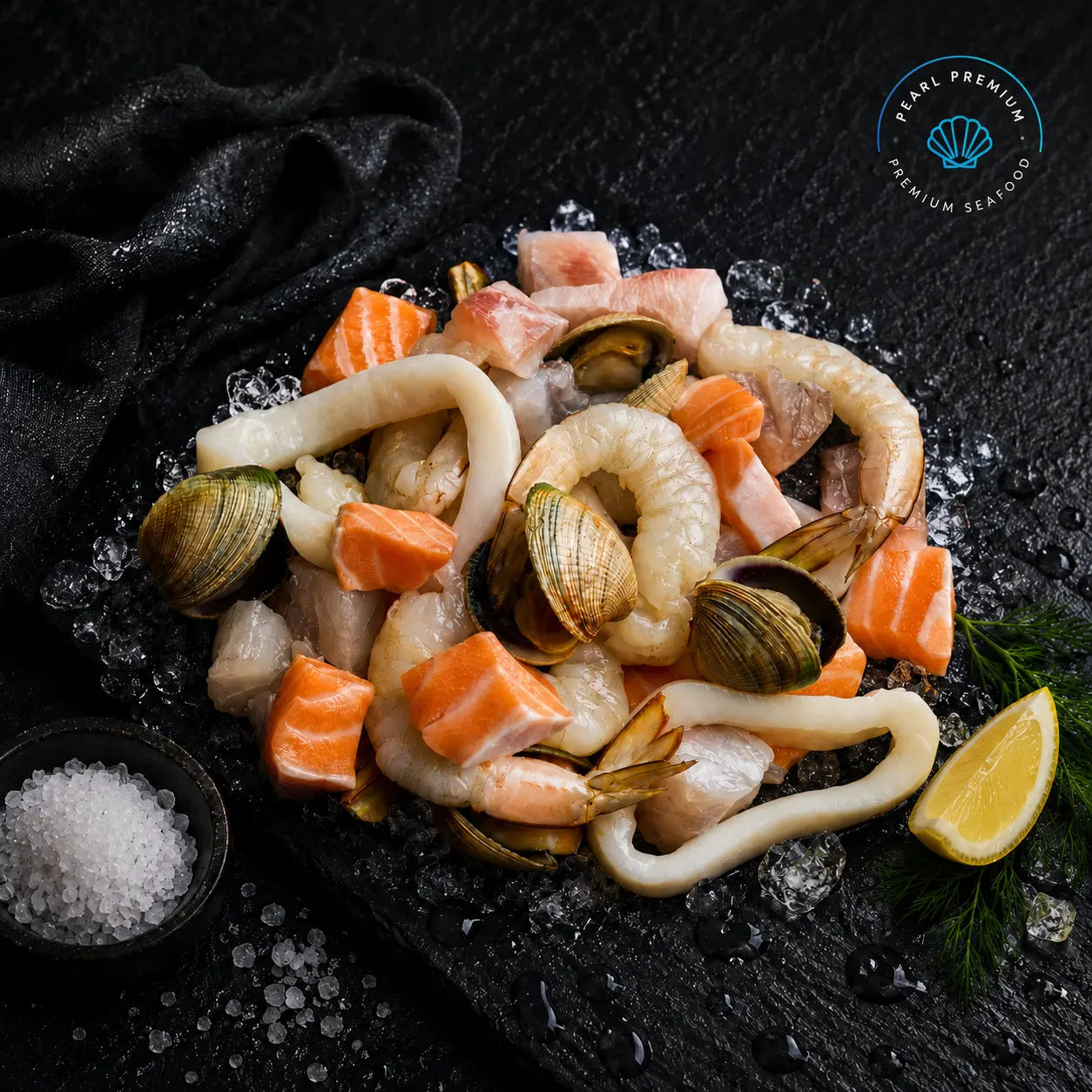 Fresh mixed seafood marinara with prawns, fish, mussels and squid on black slate
