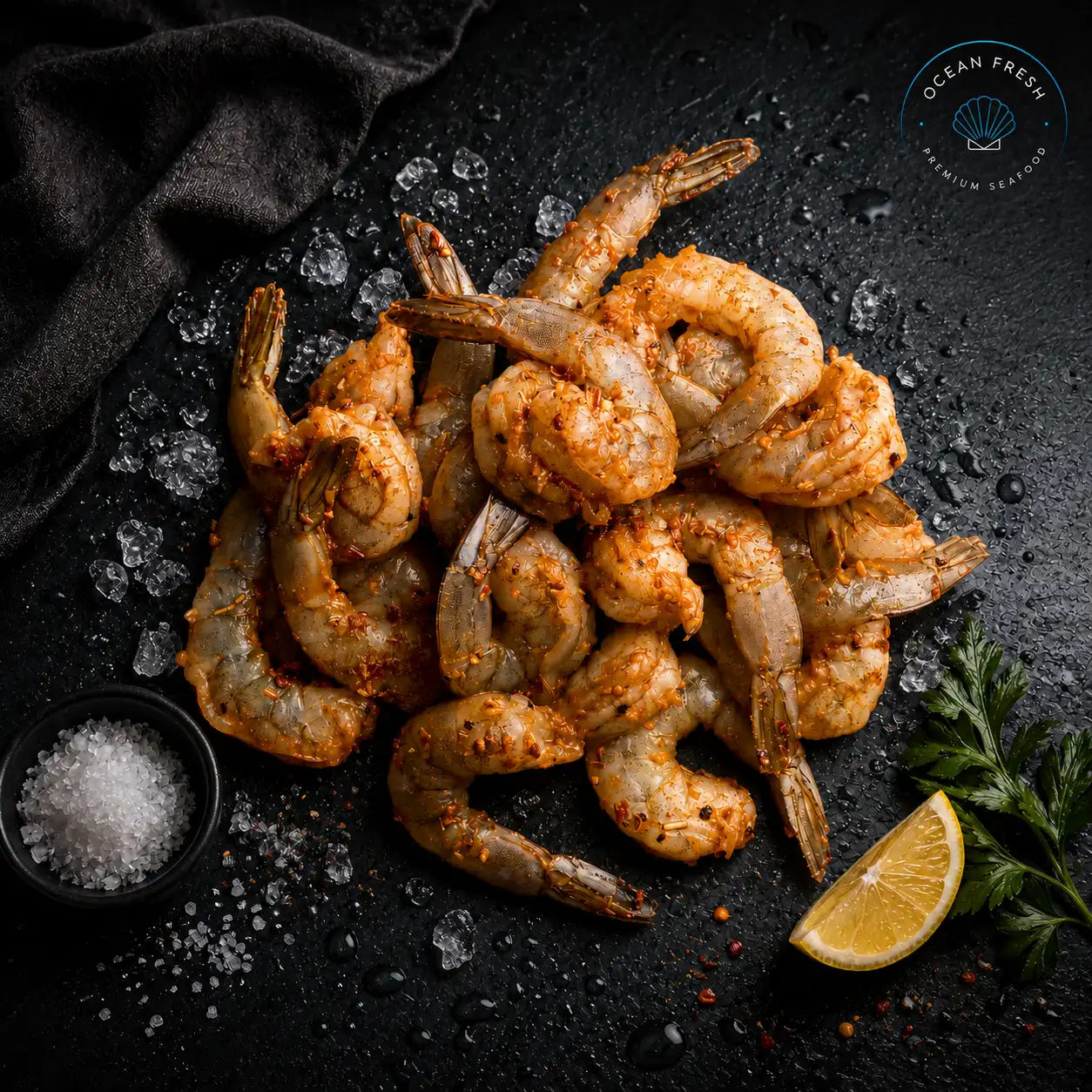 Fresh Moroccan Marinated Prawns arranged on black slate with crushed ice and lemon