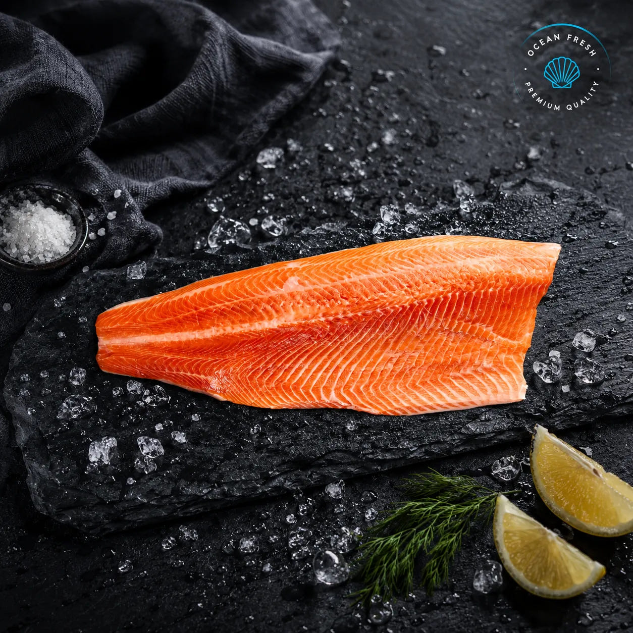 Fresh ocean trout fillet displayed on black slate over crushed ice with lemon