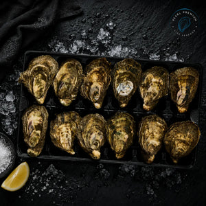 Live pacific oysters arranged in a tray on crushed ice with lemon