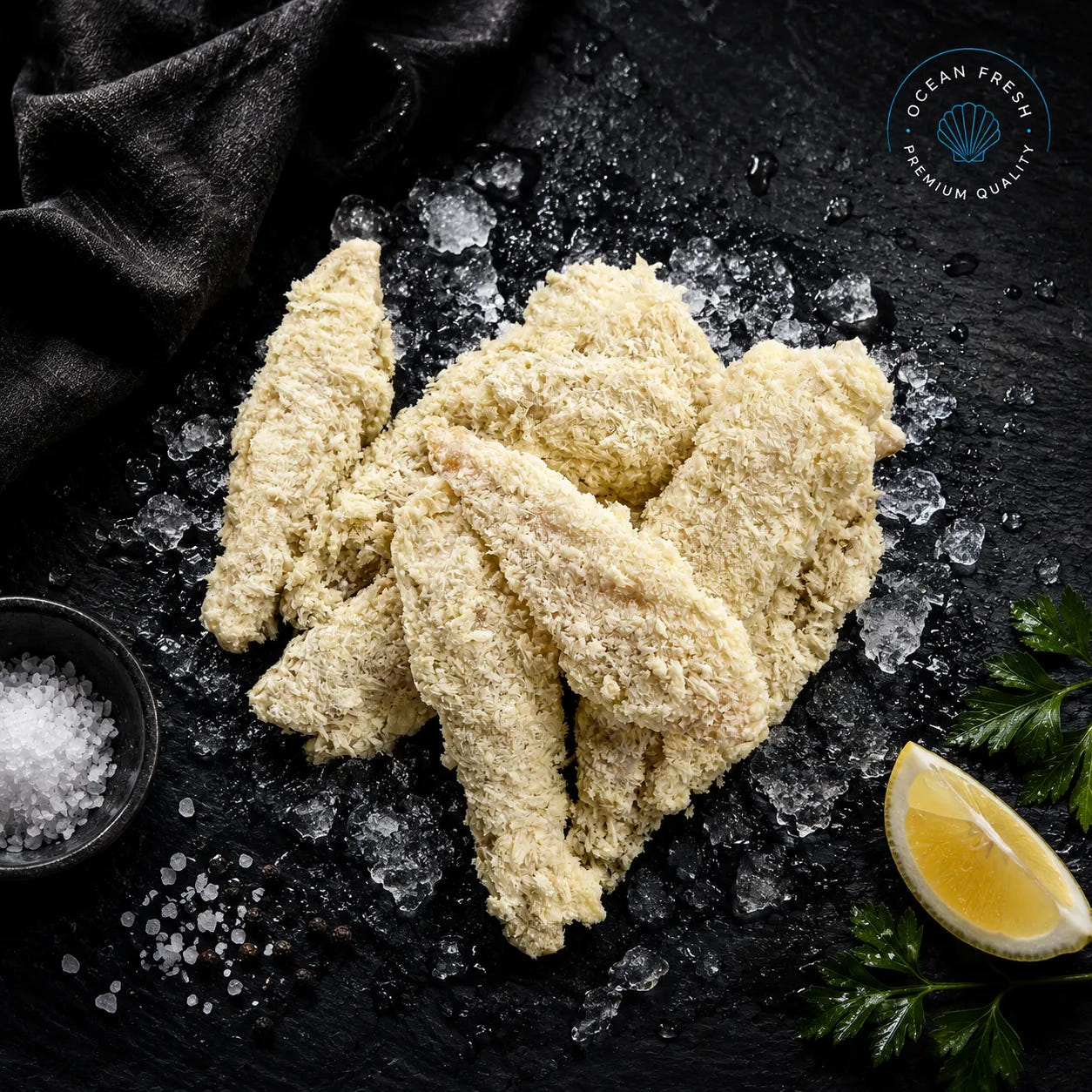 Frozen panko-crumbed whiting fillets arranged on black slate with lemon
