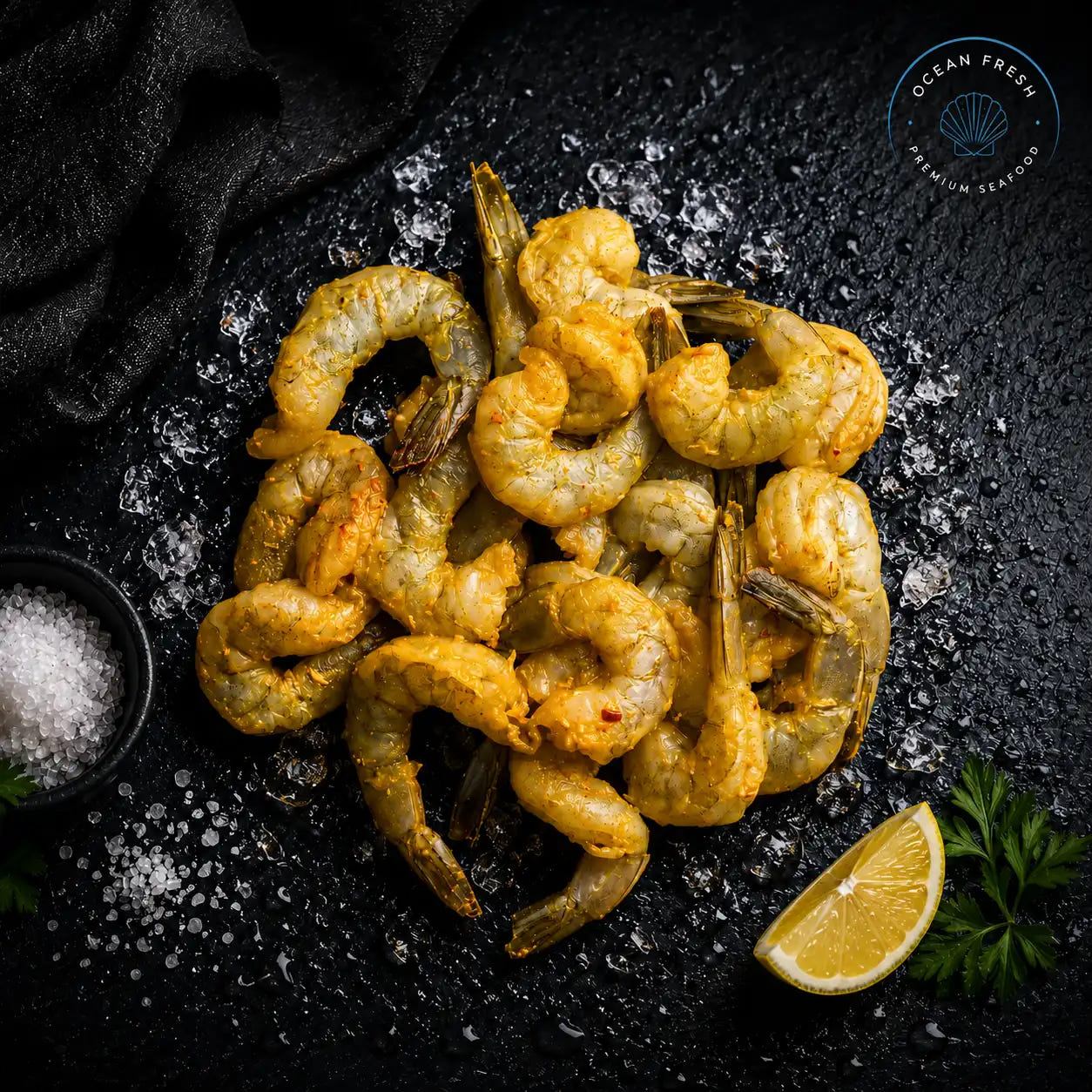 Fresh Turmeric Marinated Prawns arranged on black slate with crushed ice and lemon