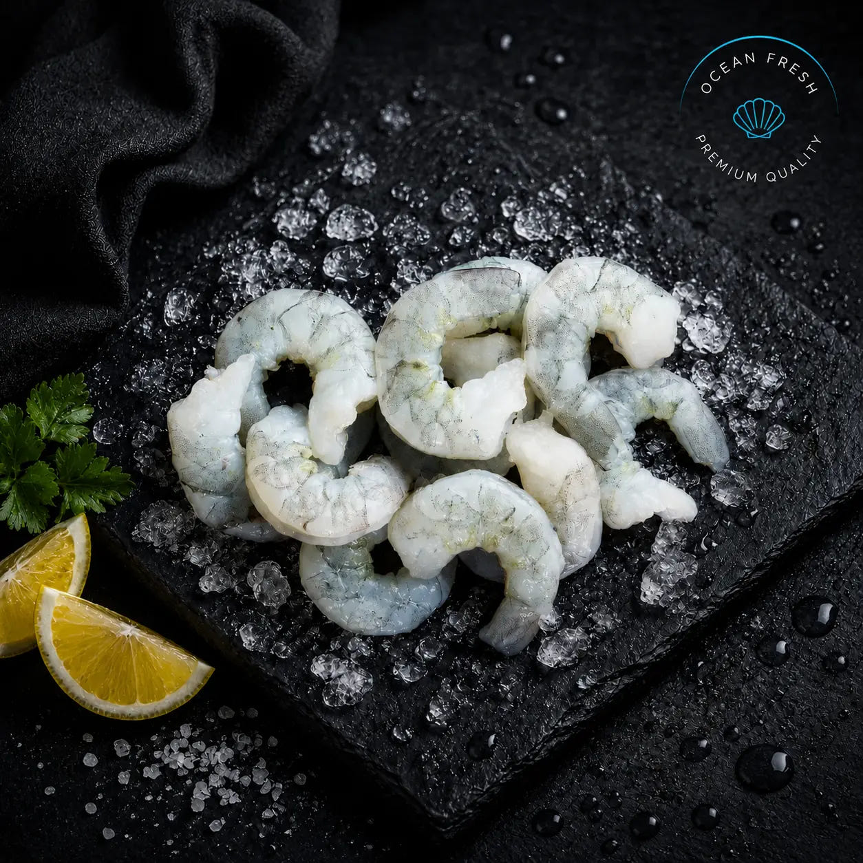 Frozen peeled prawn meat arranged on black slate with crushed ice and lemon