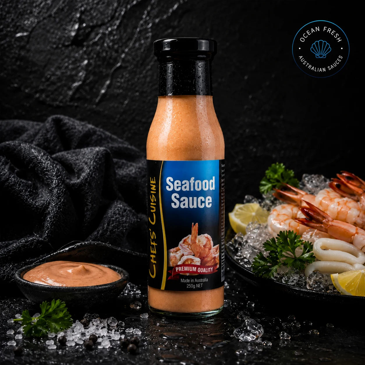 Bottle of Seafood Sauce presented on dark stone beside prepared seafood