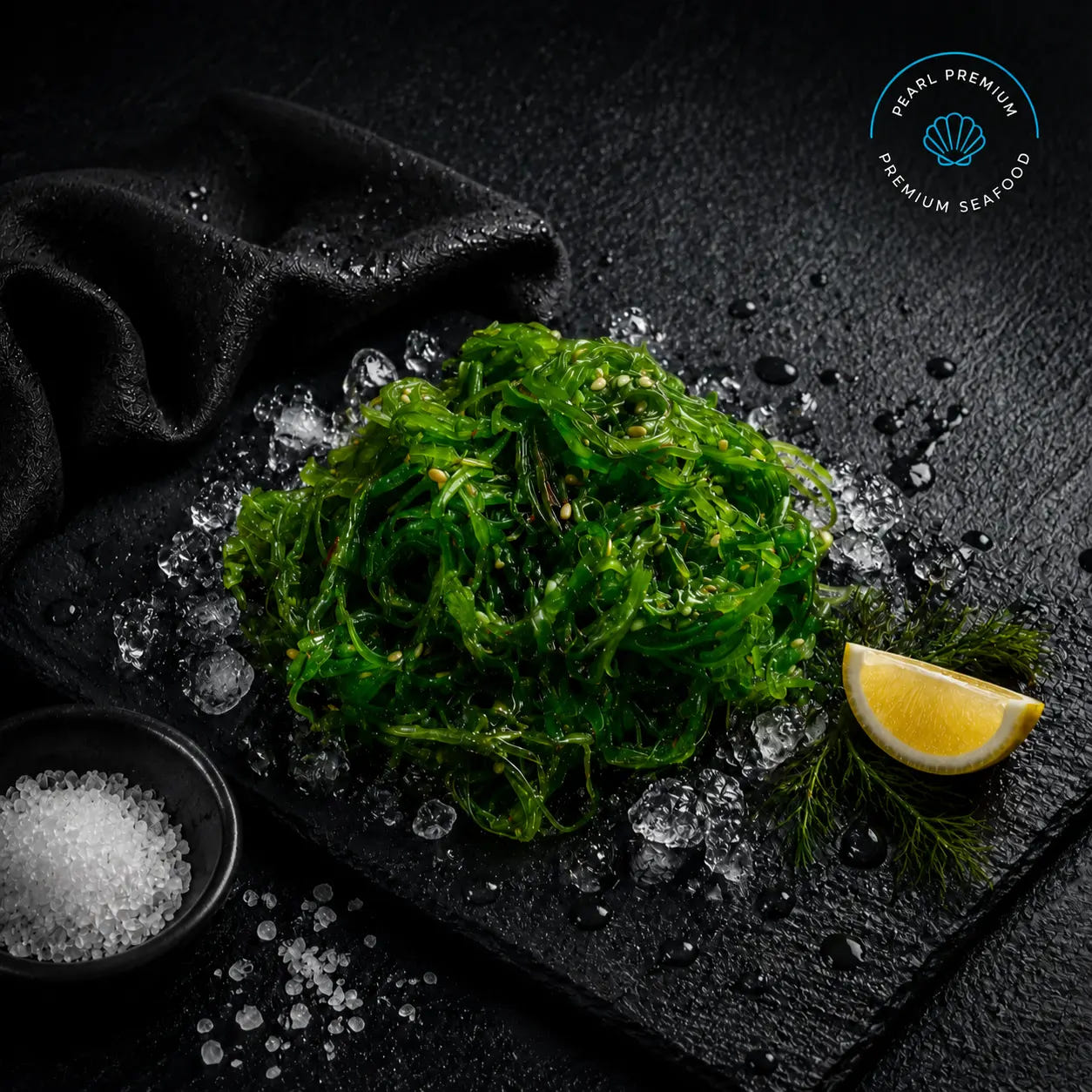 Frozen green seaweed salad served on a dark slate platter with ice cubes, a lemon wedge, and coarse sea salt.
