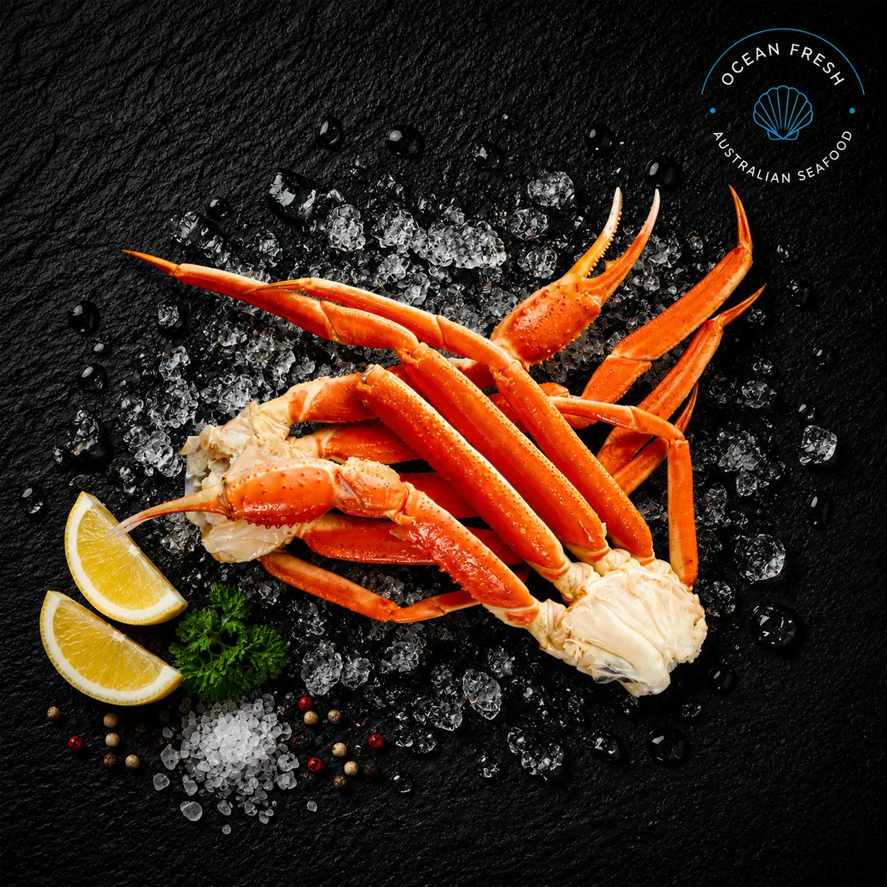 Frozen cooked snow crab leg cluster displayed on black slate with lemon