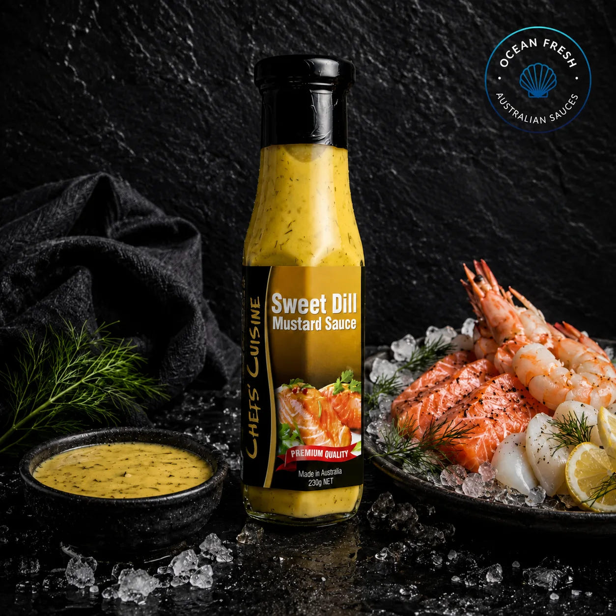 Bottle of Sweet Dill Mustard Sauce presented on dark stone beside prepared seafood