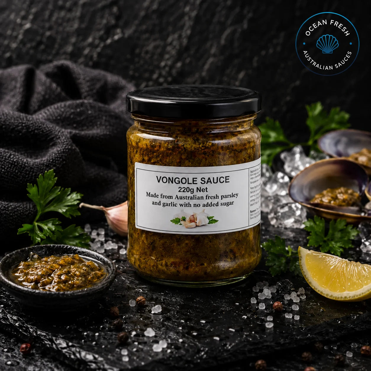 Jar of Vongole Sauce presented on dark stone beside prepared seafood and lemon