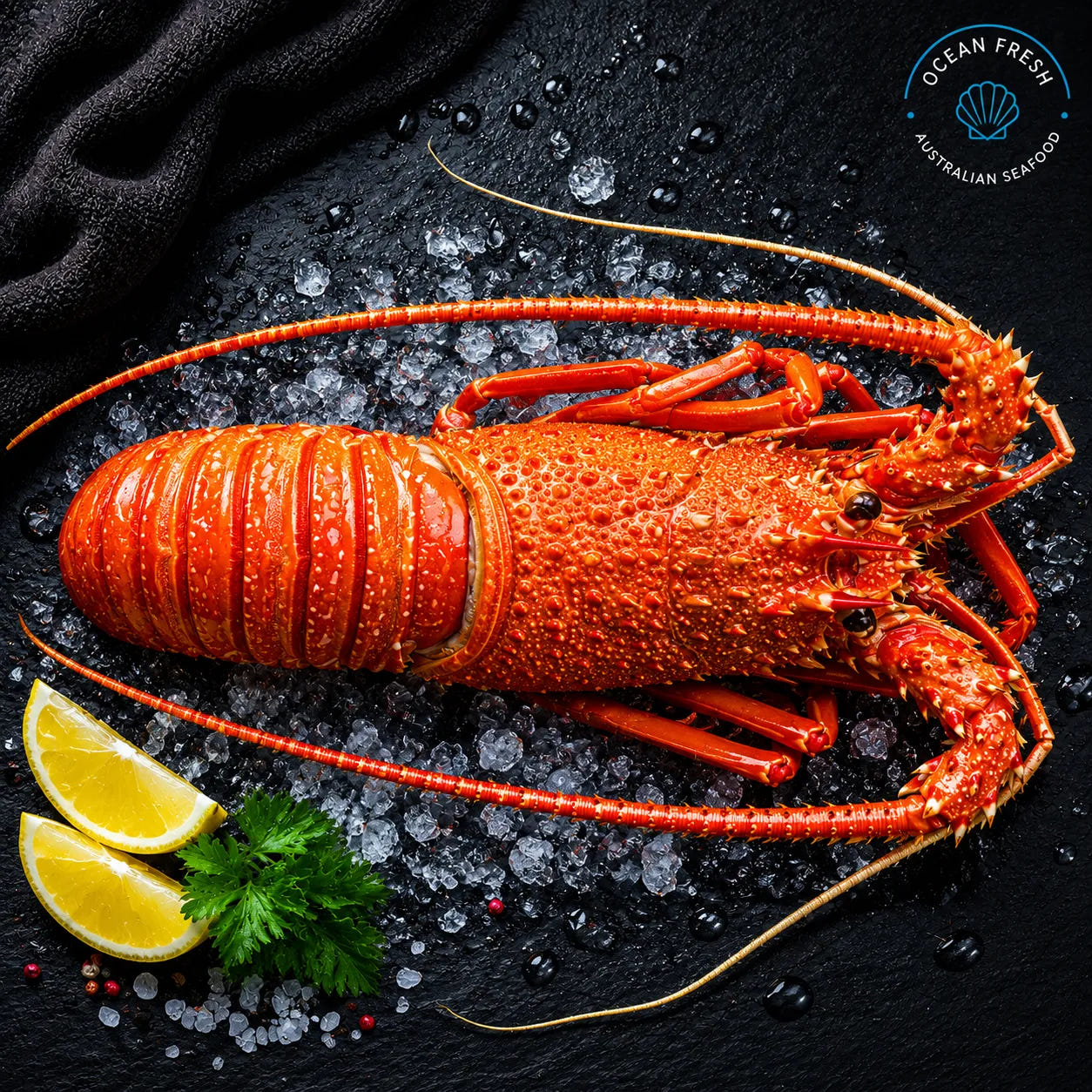 Frozen cooked western rock lobster displayed whole on black slate over crushed ice with lemon