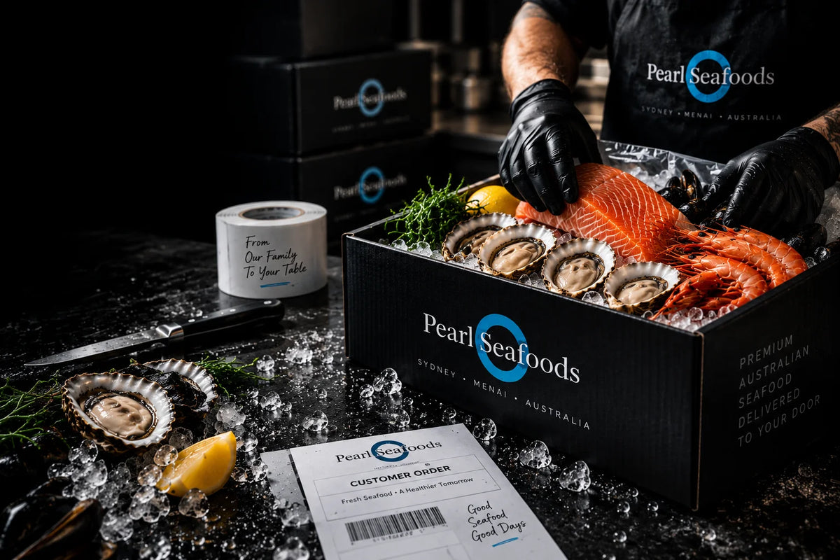 A black Pearl Seafoods branded box filled with raw seafood on crushed ice, with a person in black gloves reaching in. Additional boxes, a knife, lemon wedges, herbs, and a custom order card are arranged on a dark tabletop in a restaurant-style setting.