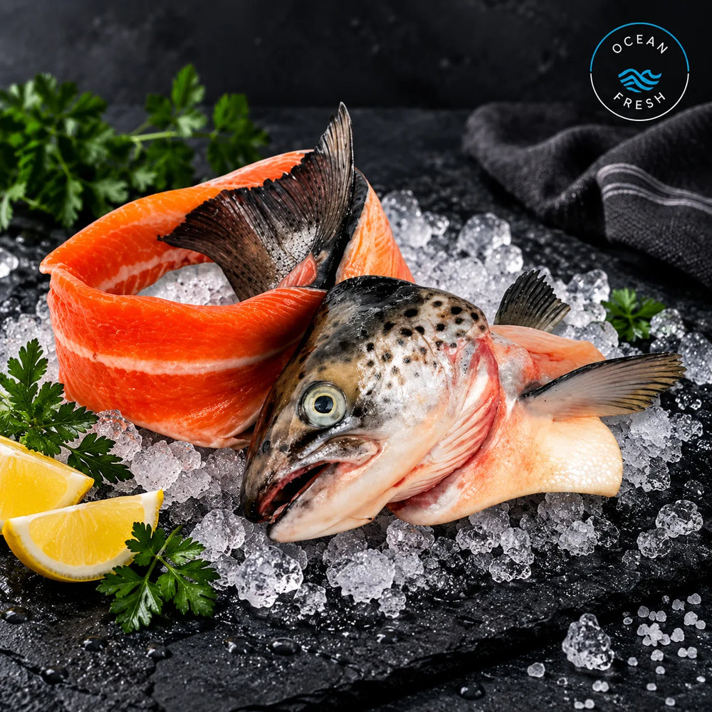 A whole fresh salmon fish with its orange-pink flesh exposed, displayed on crushed ice with parsley, lemon wedges, and a dark cloth on a black surface. An Ocean Fresh logo appears in the top right corner.
