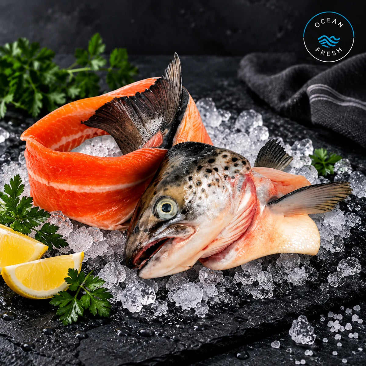 A whole fresh salmon fish with its orange-pink flesh exposed, displayed on crushed ice with parsley, lemon wedges, and a dark cloth on a black surface. An Ocean Fresh logo appears in the top right corner.