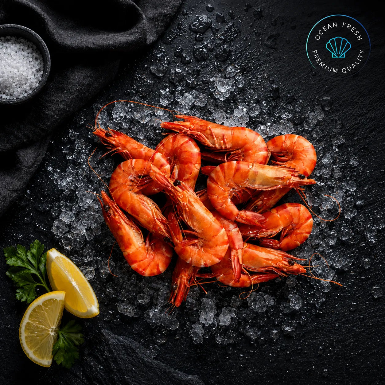 Frozen cooked tiger prawns arranged on black slate with crushed ice and lemon