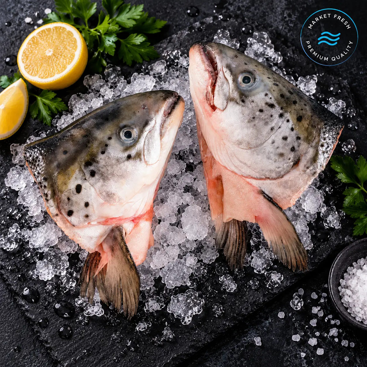 Two whole salmon fish heads on crushed ice with lemon slices, parsley, and coarse salt, photographed from above on a dark stone surface. A circular 'Harvest Fresh Premium Quality' logo appears in the top right.