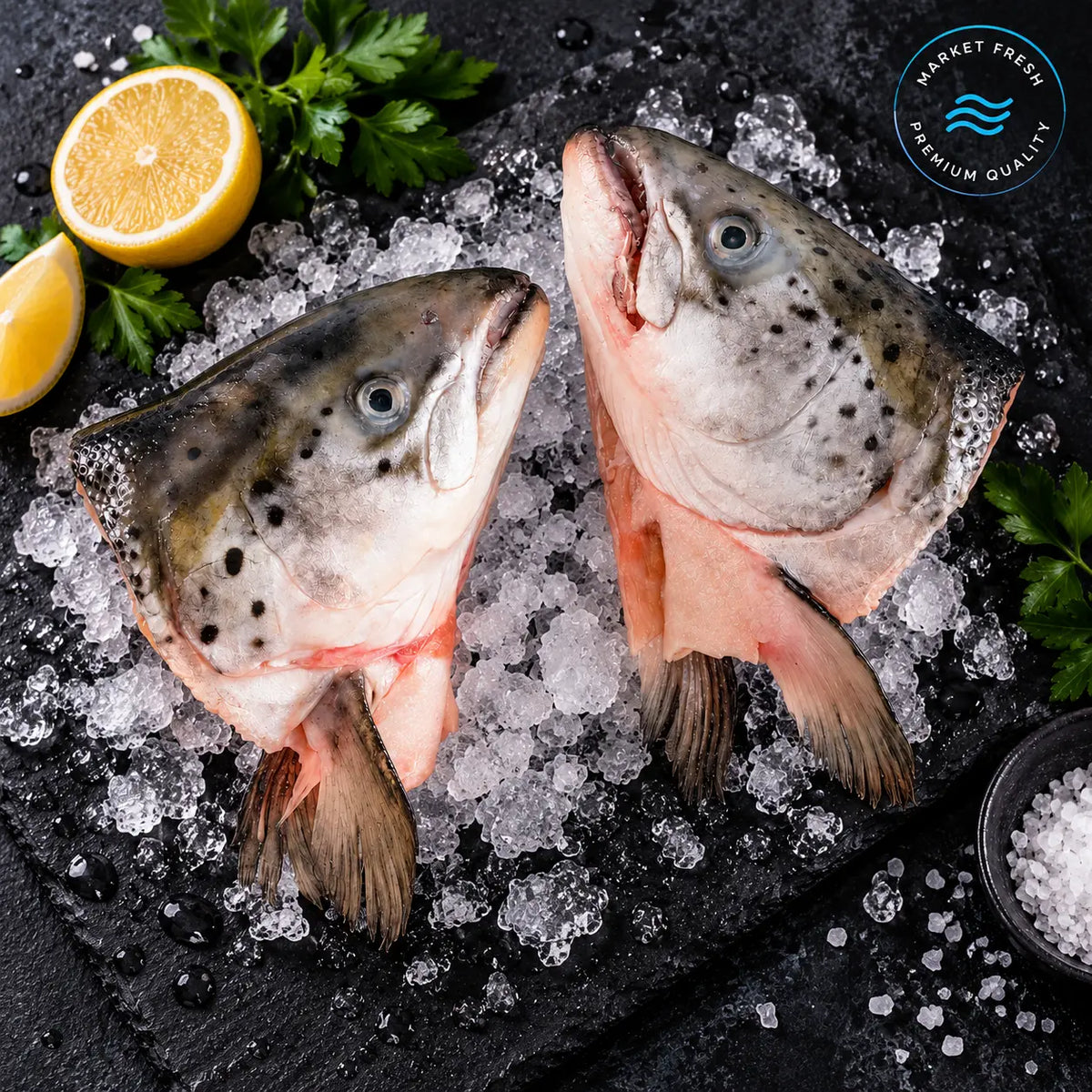 Two whole salmon fish heads on crushed ice with lemon slices, parsley, and coarse salt, photographed from above on a dark stone surface. A circular 'Harvest Fresh Premium Quality' logo appears in the top right.