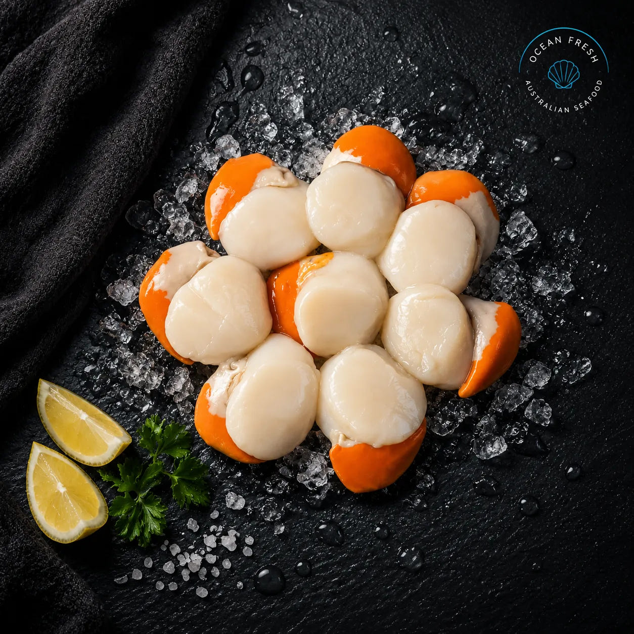 Tasmanian scallop meat with orange roe displayed on crushed ice with lemon