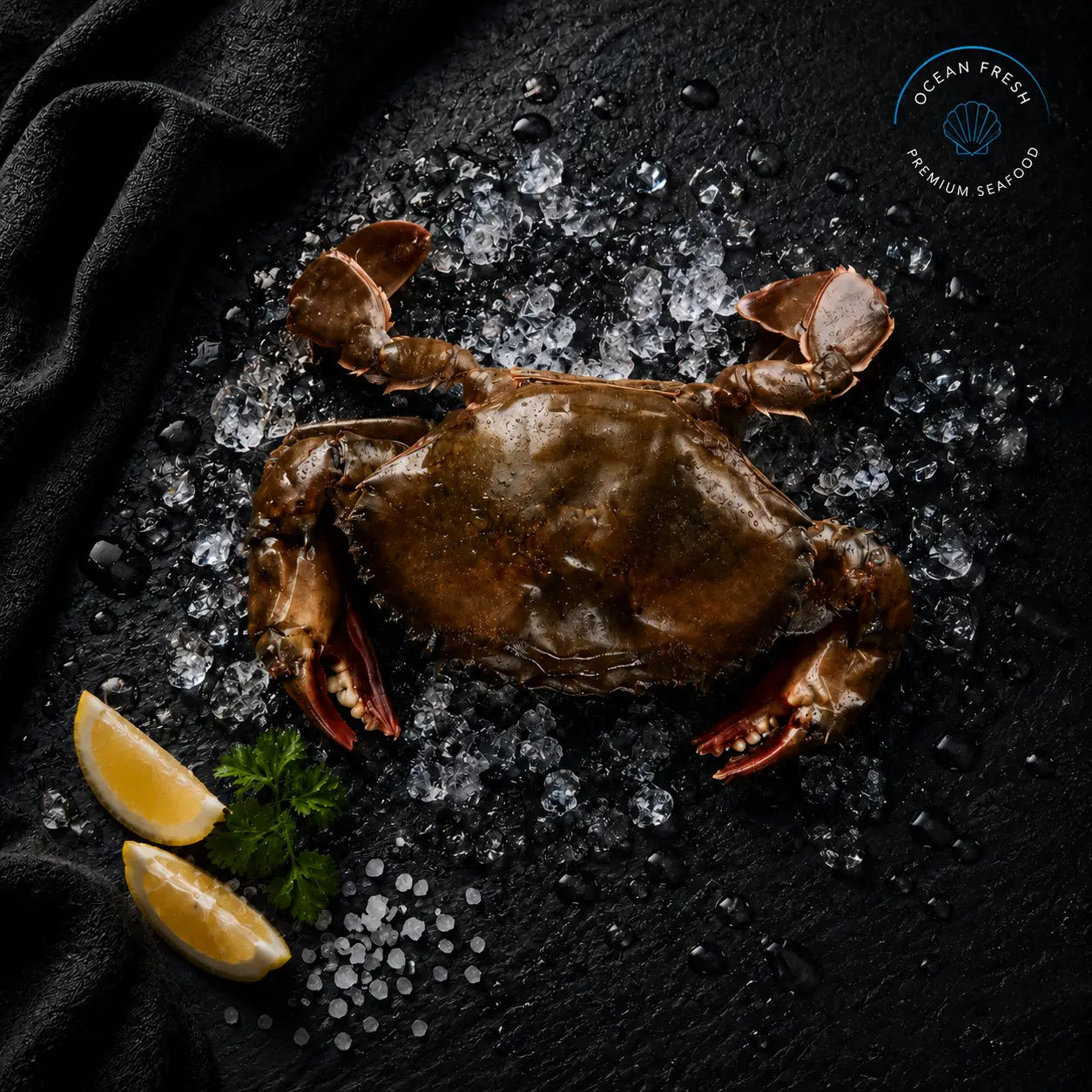 Whole frozen soft-shell crab displayed on black slate with crushed ice and lemon