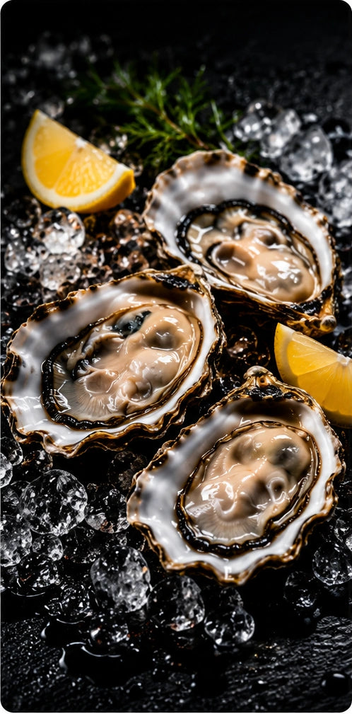 Fresh oysters on ice with lemon wedges and dill