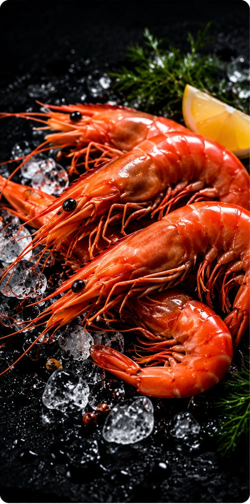 Cooked prawns on ice with lemon and dill