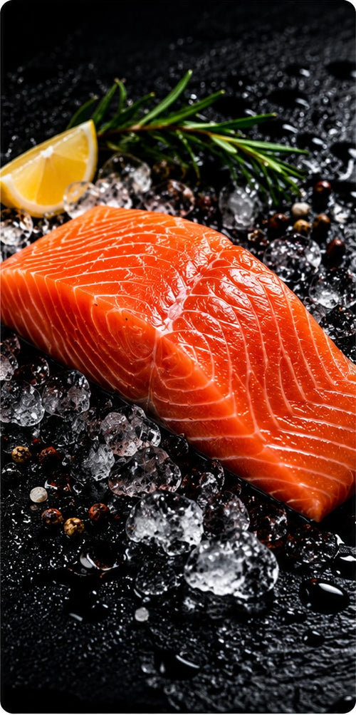 Atlantic salmon fillet on crushed ice with lemon and rosemary